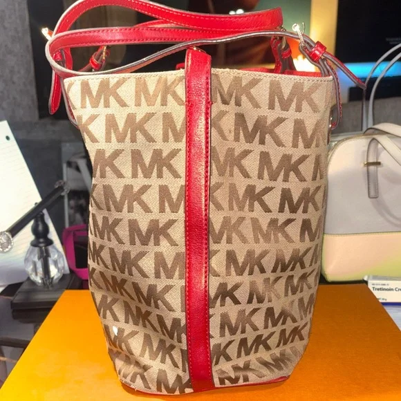 Michael Kors Tan and Red Logo Tote - Picture 2 of 4